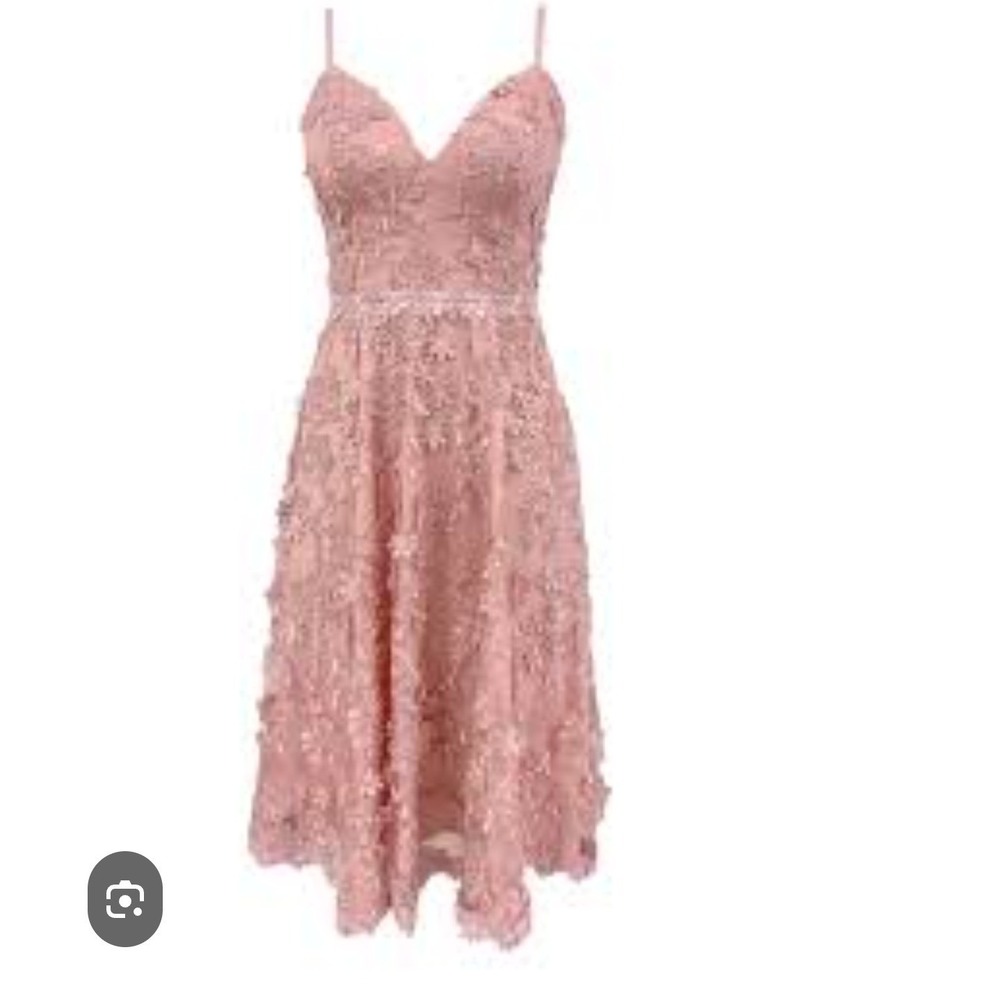 Dress the Population Lace 3D Floral Midi Dress Rose Pink V-Neck Cocktail A-Line - Picture 4 of 7